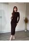 Floral Embroidered Draped Elegant Midi Brown Dress - 6