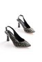 Zri̇n-601 Black Open Back Daily Women's Heeled Sandals with Stone Accessories 10.5 cm - 2