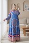 Patterned Lace-Up Dress with Elastic Sleeves - Blue