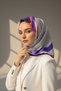 100% twill silk striped geometric pattern white - purple color 90x90 scarf sewing method: hand stitching - 3