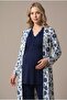 Women's Navy Blue Patterned Lace New Season 3-Piece Maternity Pajama Set with Dressing Gown