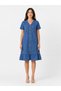 Women's Blue Denim Dress Front Zipper V-Neck Slim Fit Ruffle Hem Casual Dress