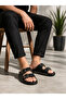 Men's Black Double Buckle White Stitched Anatomical Smoked Leather Casual Slippers - 4