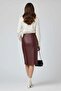 Burgundy Lina Midi Genuine Leather Women's Skirt with Slit Detail - 3