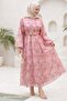 Patterned Brooch Belt Detail Pink Dress - 4