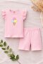 Embossed Ice Cream Image Cotton Baby Girl Shorts Set-Pink