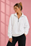 Unisex Half-Zip Stand Collar White Sweatshirt - 2