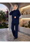 Women's Islamic Clothing Modal Fabric Self-Line Detailed Crew Neck Tunic Bottom Top Set Navy Blue - 3