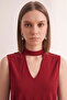 Women's Burgundy V-Neck High Neck Button Detailed Sleeveless Sandy Fabric Blouse - 2