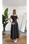 Women's Black and White Polka Dot Boat Neck Midi Dress – Off-The-Shoulder, Waist-Fitted, Stylish & Formal Dress