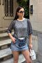 Women's Navy Blue Athlete-Style Sequined Mesh Blouse
