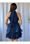 Ruffled Skirt Satin Halter Neck Evening Dress - 3