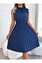 Blue Ruffle Neck Pleated Knee Length Dress - 4