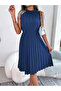 Blue Ruffle Neck Pleated Knee Length Dress - 6