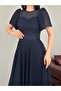 Navy Blue Balloon Sleeve Belted Mesh Fabric Midi Evening Dress - 5