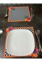 Black and White Checkered Patterned Orange Floral Stain-Resistant Digital Printed American Placemat/Supla 6 Pieces - 4