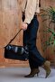 Women's Black Shiny Textured Knot Detailed Large Internal Volume Adjustable Cross Strap Shoulder Bag - 6