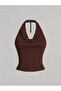 Brown Degaje Collar Halter Crop Blouse Metal Accessory Detailed Slim Fit Women's Blouse, Bitter Coffee Backless Blouse - 2