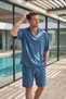 Men's Aerobin Fabric Summer Indigo V-Neck T-Shirt & Shorts Bottom Top 2-Piece Set Ls-7222 - 3