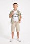 Green Leaf Patterned Shirt and Linen Shorts Boys' T-Shirt 3-Piece Set 24029 - 2