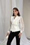 Ecru Double-Breasted Collar Transparent Sleeves Tassel Detailed Blouse - 4