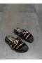 Ti̇na Black Leather Pin-Studded Women's Daily Slippers - 9