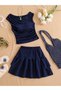 Navy Blue Skirt Ruffle Detailed Boat Neck Crop Top 2-Piece Set the Most Trendy Combination of the Summer