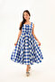 Blue and White Gingham Square Collar Button Detailed A-Line Midi Dress
