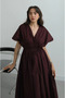 Burgundy 100% Cotton Pleated Bat Sleeve Dress with Tie Waist - 206201 - 3