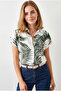 Women's Ecru Green Jungle Bat Model Woven Viscose Shirt Gml-19001450 - 4