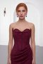 Women's Burgundy Strapless Neckline Stoned Long Lace Evening Dress - 3