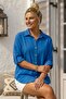 Cobalt Blue Shirt Collar 3/4 Sleeve Buttoned Embroidered Perforated Embroidery Casual Cotton Woven Shirt 70 60 - 6