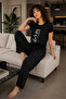 Round Neck Long Comfortable Cotton Pajama Set 41538 Black - 6
