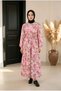 Women's Pink Floral Long Dress with Elastic Waist - 130 cm Length Long Sleeve Dress - 3