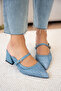 Fely Wicker Detailed Genuine Leather Thick Heeled Women's Blue Slippers - 5