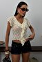 Women's Lace Blouse with Ruffle Detail, V-Neck, Transparent - 2