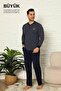 Big Size Men's Pajama Set - Navy Blue Long Sleeve Combed Cotton 1219Uyb - 2