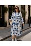 Women's Leaf Patterned Cotton Linen Wooden Buttoned High Neck Long Sleeve Summer Tunic Dress - 6