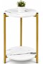 Side Table 2-Tier Round Marble Finish Top 60x30cm - End Coffee table MDF desktop with below Storage Accent Table for Living Room, Balcony, Sofa side Table - White