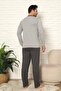 Men's Pajama Set - Gray Embroidered Long Sleeve Combed Cotton 1102Uy - 4