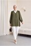 Buttoned V-Neck Jacquard Crinkle Tunic -Khaki
