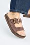 Regina Women's Genuine Leather Double Strap Single Buckle Brown Slippers - 4