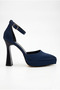 Women's Special Design Pointed Toe Platform Heeled Navy Blue Satin Evening Dress Shoes, Wedding Dress Shoes - 3