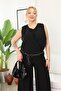 Plus Size Black Jumpsuit with Tulle Detail and Gold Belt Accessory - 6