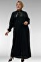 56002 Large Size Linen Robe with Stone and Chain Detail - Black