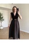 Women's Brown V-Neck Sleeveless Polka Dot Print Dress - Stylish Midi Length Dress with Chiffon Skirt and Belt at Waist 176 - 2