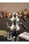 طقم إبريق شاي نحاسي مطرز يدويًا من غازي عنتاب - طلاء فضي لامع - حجم متوسط/كبير