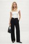 Women's Edward Arka Elastic Waist Pleated Gold Buttoned Pocketed Crepe Woven Palazzo Black Trousers - 2
