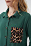 Women's Shirt Collar Leopard Patterned Pocket Emerald Green Tunic - 3