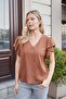 Women's Linen-Look Non-Lycra Fabric V-Neck Shirt with Flounce Sleeves-Tan - 2